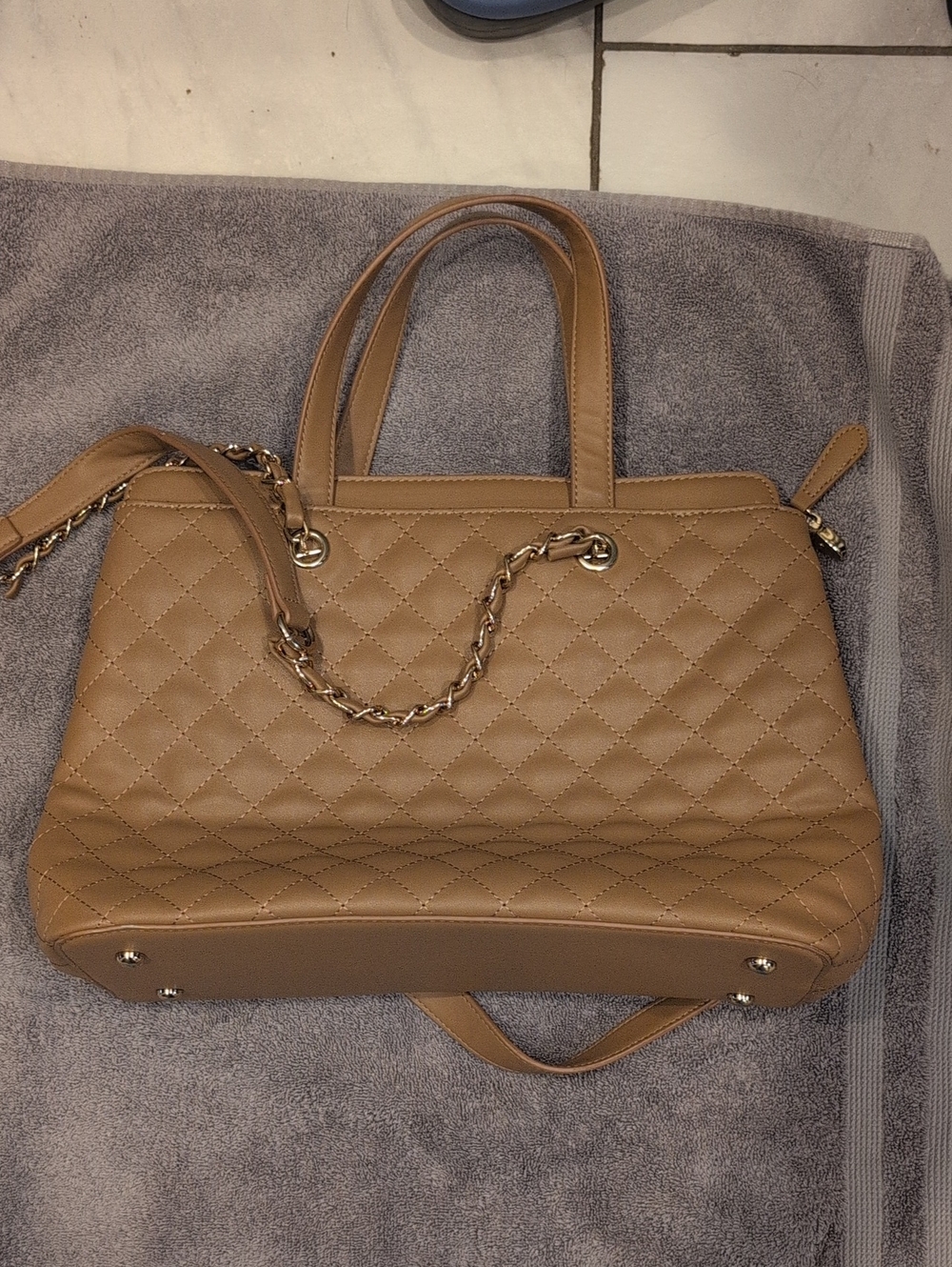 Quilted Tan Satchel with Chain-Accent Shoulder Strap